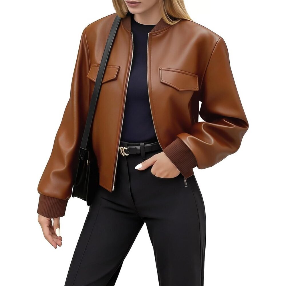 Women's Leather Jacket Faux Cropped Bomber Coat Cute Short Vacation Light Brown